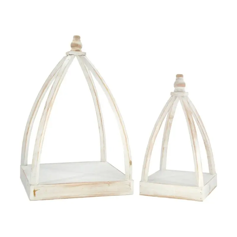 Set of 2 White Pyramid Wood Lanterns