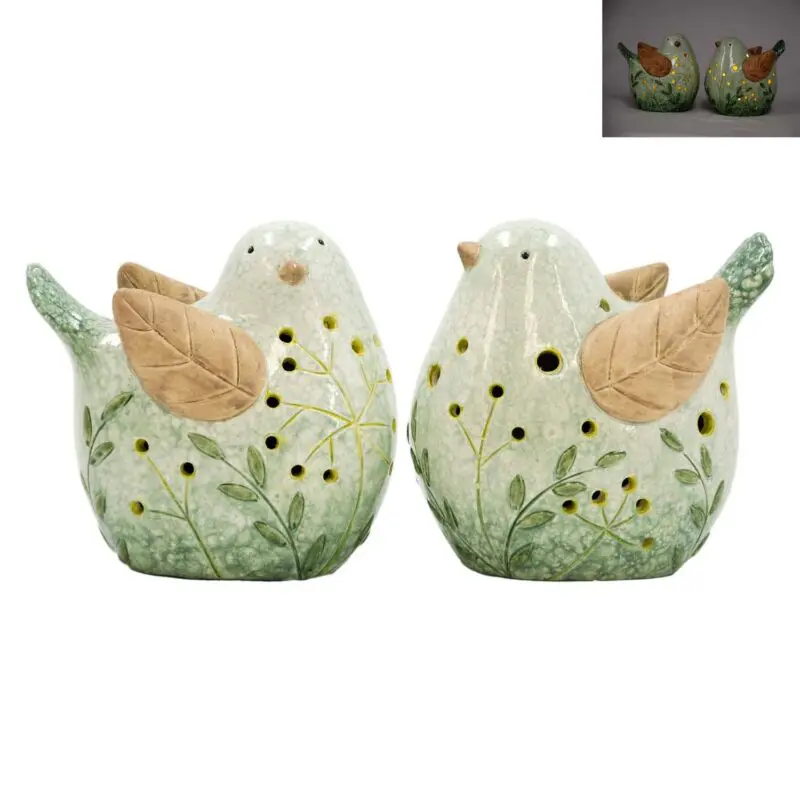 2 Assorted Green and Tan Leaf Wing Porcelain Birds