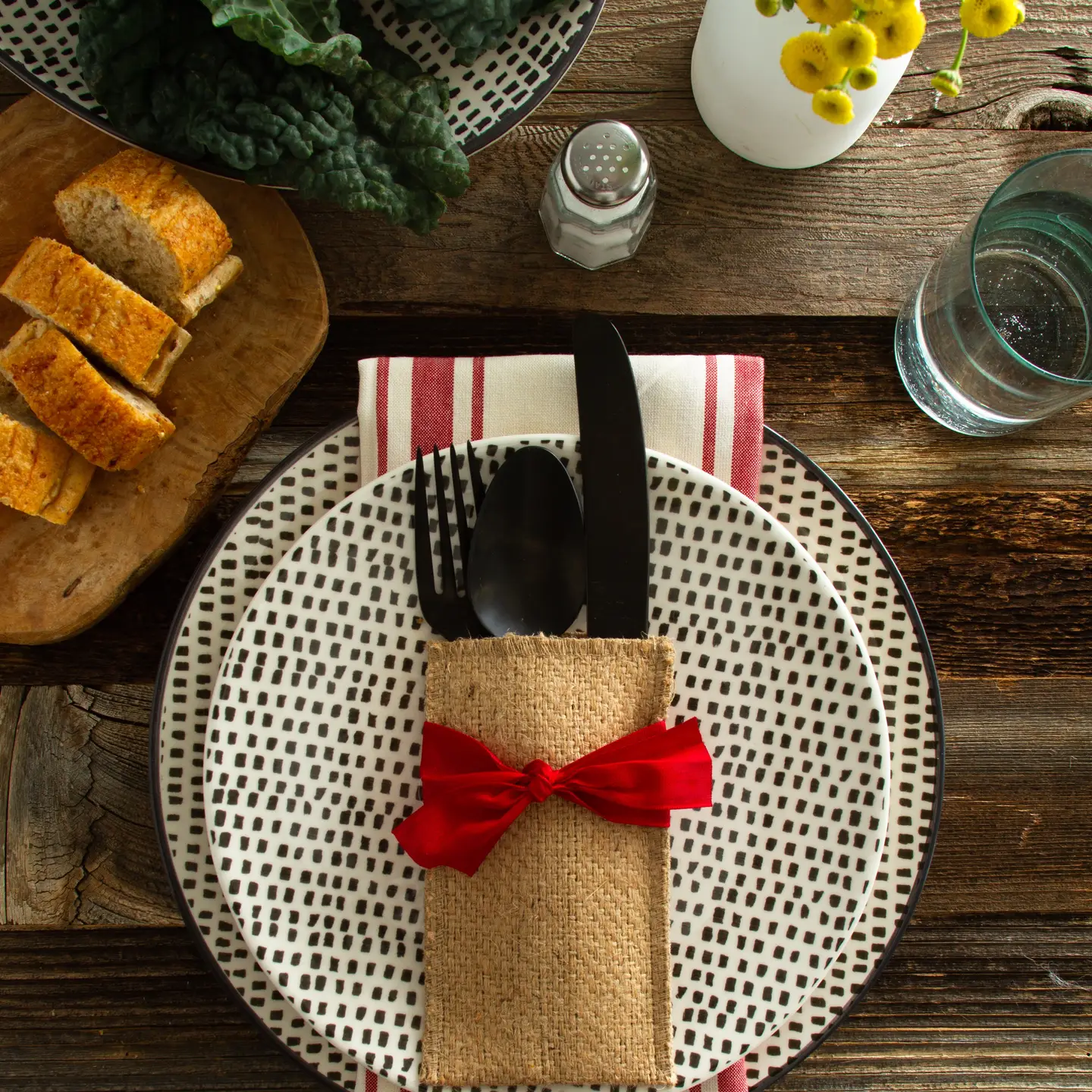 Featured image for “Hand Tied Red Ribbons - Silverware Pouch”