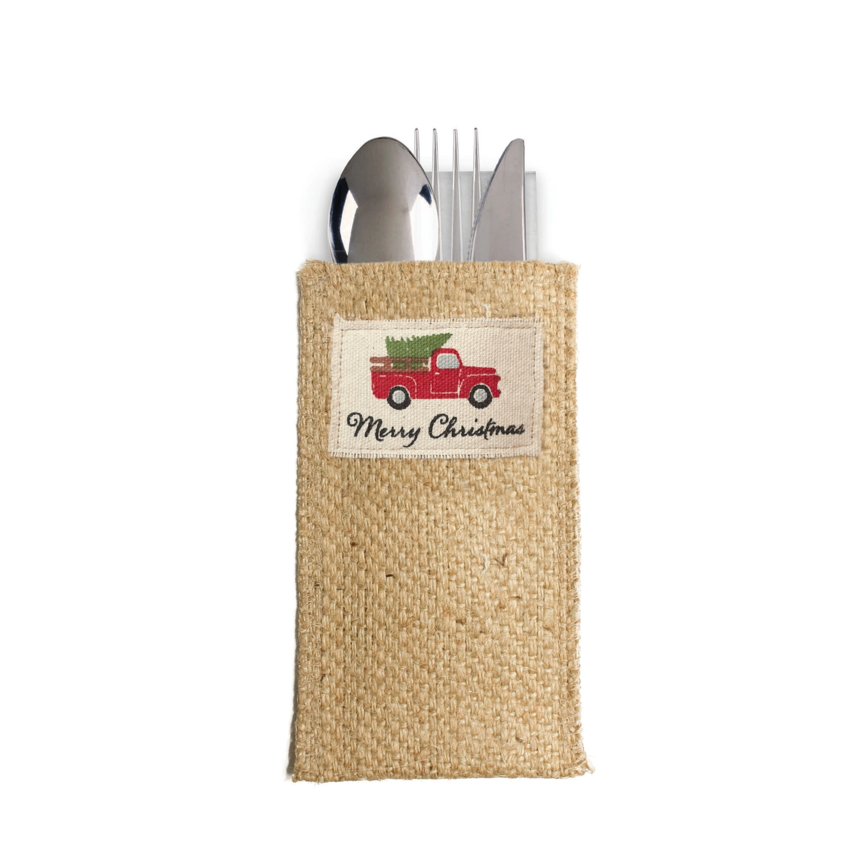 Featured image for “Hand Tied Stripe Christmas Vintage Truck - Silverware Pouch”